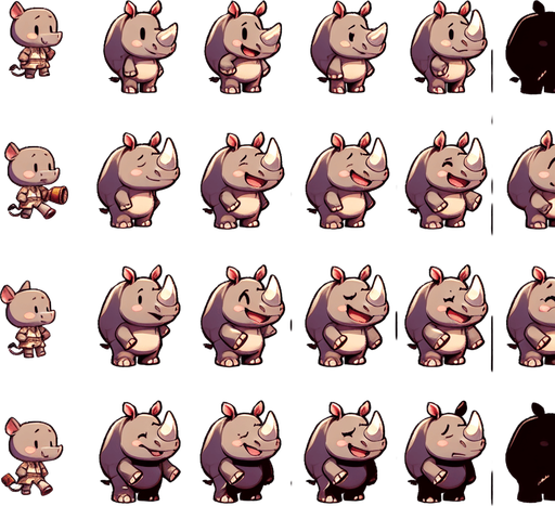 A spritesheet with a number of poses of an happy little rhino with a sun scorch, smiling, walking, waiting, standing, ordering, turning, etc. all seen from the side.The spritesheet should be laid out in a rectangular grid with clear space between each individual sprite. Each sprite in the sheet should be around 300x600 pixels in size..
Single Game Texture. In-Game asset. 2d. Blank background. High contrast. No shadows.