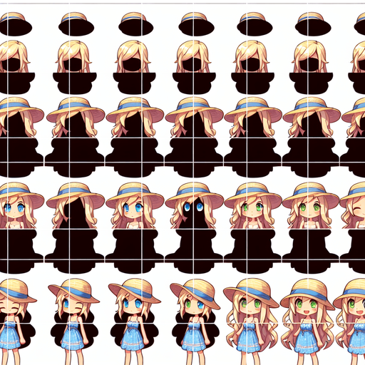 A spritesheet with a number of poses of a happy blond girl with blue eyes wearing a modern sunhat and summer dress, smiling, working, waiting, standing, turning, etc.The spritesheet should be laid out in a rectangular grid with clear space between each individual sprite. Each sprite in the sheet should be around 300x600 pixels in size.
Single Game Texture. In-Game asset. 2d. Blank background. High contrast. No shadows.