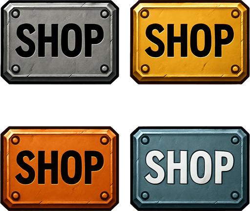Different shop buttons of metal, metal rectangles
In-Game asset.  2d.  High contrast.  No shadows