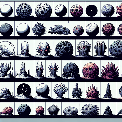 A spritesheet of various planets that are enemy characters or obstacles in a space game. laid out in a grid with blank space between them..
Single Game Texture. In-Game asset. 2d. Blank background. High contrast. No shadows.