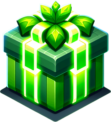 Christmas gift with glowing green wrapping paper Single Game Texture. In-Game asset. 2d. Blank background. High contrast. No shadows.