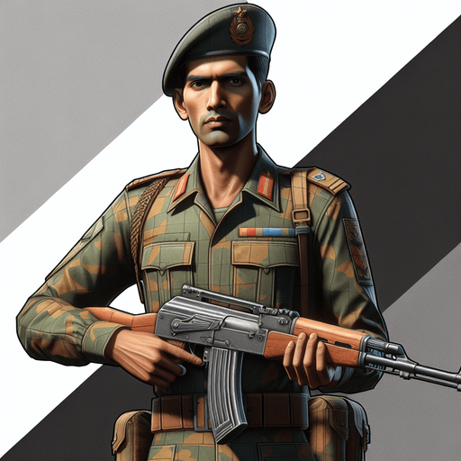 A military general holding a rifle.
Single Game Texture. In-Game asset. 2d. Blank background. High contrast. No shadows.