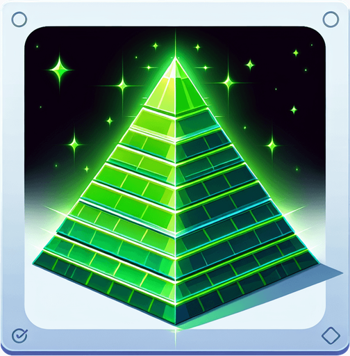 A pyramid of vibrant green colour dazzling.
Single Game Texture. In-Game asset. 2d. Blank background. High contrast. No shadows.