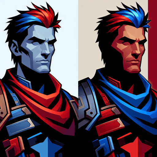 MG hero red and blu.
Single Game Texture.  In-Game asset.  2d.  Blank background.  High contrast.  No shadows