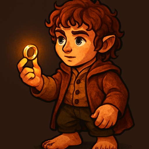 A stylized full-body illustration of a small hobbit holding a glowing ring in one hand, viewed from a 45-degree angle. The hobbit has curly hair, bare feet, and wears rustic, earth-toned clothing with detailed textures. The scene has warm, soft lighting emphasizing the character’s expressive face and the shining ring. The art style is cartoonish with rich colors, smooth shading, and a fantasy atmosphere..
In-Game asset.  2d.  High contrast.  No shadows