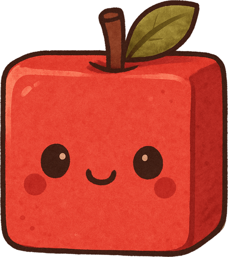 Perfectly square red apple decoration. Cartoon. Cute art style. 2d
