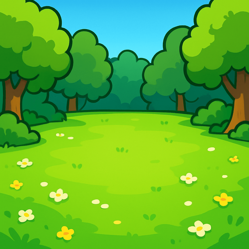 a cartoon style 3d image of a green meadow with trees on the edges and a clearing in the middle..
In-Game asset.  2d.  High contrast.  No shadows