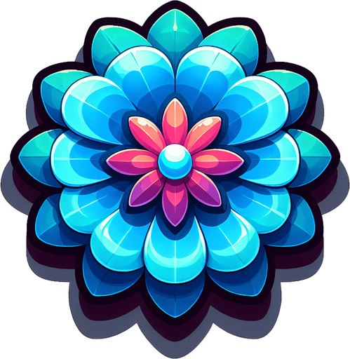 A round cyan and blue flower. Top down view.
Single Game Texture. In-Game asset. 2d. Blank background. High contrast. No shadows.