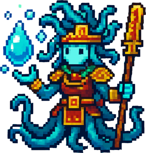 Generame un guerrero meduza cone fectos de agua, que cura como mago, estilo pixelar, ambeintado a lo azteca.
In-Game asset.  2d.  High contrast.  No shadows