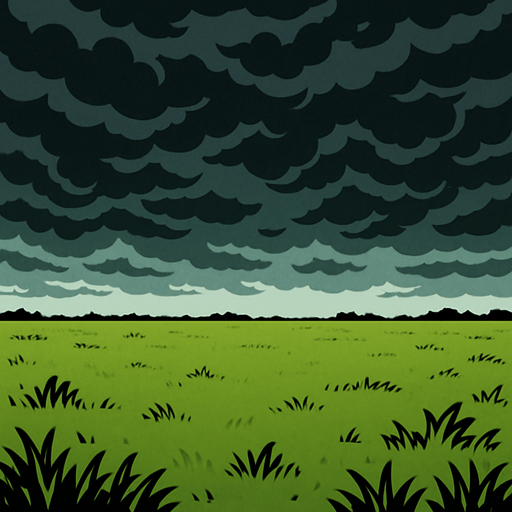 An open space of grass with dark rainy clouds up above
Easily looper.
In-Game asset.  2d.  High contrast.  No shadows