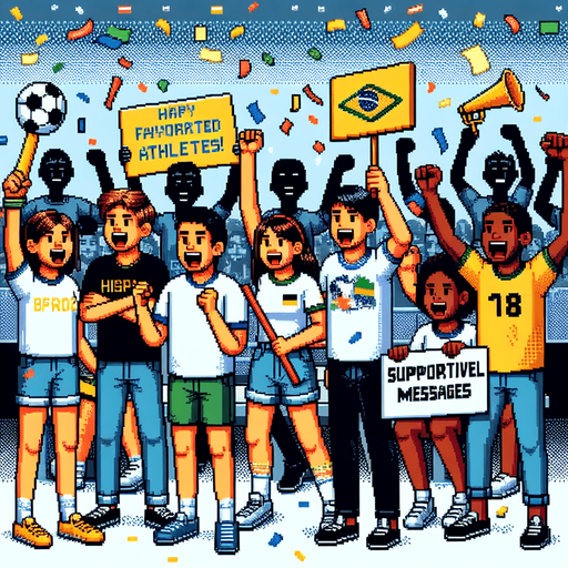 8-bit pixelated cheering group of young fans at the olympics holding signs, Vuvuzelas and confetti.
Single Game Texture. In-Game asset. 2d. Blank background. High contrast. No shadows.