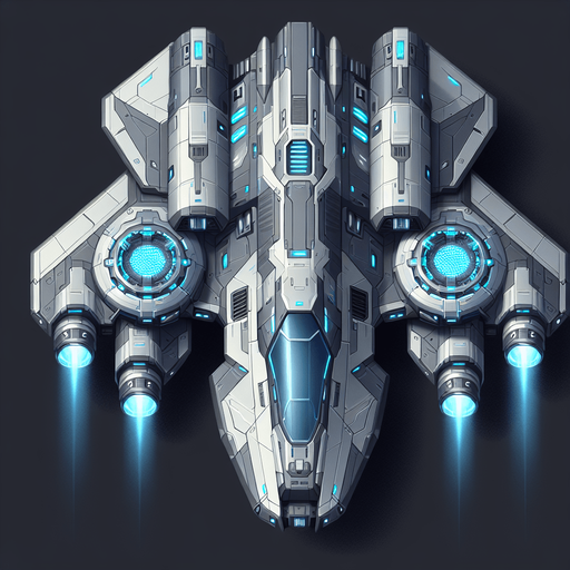 A 2D top-down view of a futuristic player spaceship with a streamlined silver and blue body, glowing thrusters, and dual laser cannons. The design is sleek and modern for a space shooter game.
Single Game Texture.  2d.  Blank background.  High contrast.  No shadows