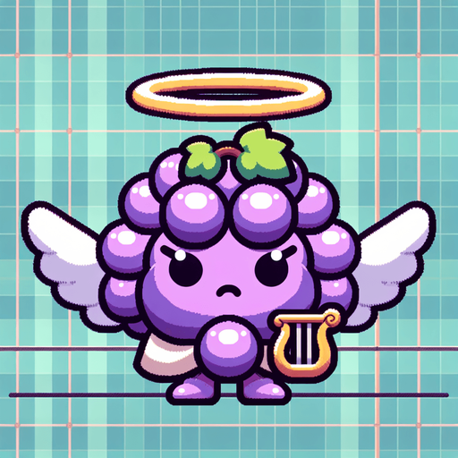 video game cute divine grape bunch Pokémon with an angelic halo above its head and a harp beside it, oversized head occupying most of its body, standing on two tiny chubby feet at the bottom, tiny adorable creature with a cute angry expression, looking straight ahead, facing the camera directly. 2D flat vector illustration.
Single Game Texture. In-Game asset. 2d. Blank background. High contrast. No shadows.
