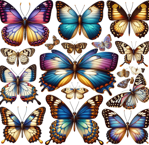 Sprite sheet with several differently colored butterflies. Realistic. No outline. No shadows. No backgrounds..