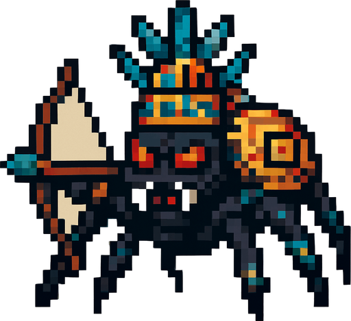Genérame una Araña guerrero azteca con eso patrones, estilo pixelar, con una apariencia maligna, ojos rojos, rabioso. Unidad a distancia, con un arco o cerbatana. Animal.
In-Game asset.  2d.  High contrast.  No shadows