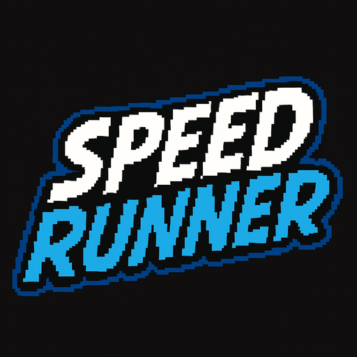letras que dicen speed runner las letras speed tienen un color blanco con contorno negro y las letras runner un color celeste con un contorno azul todo hecho con pixeles y con una cursiva.
In-Game asset.  2d.  High contrast.  No shadows