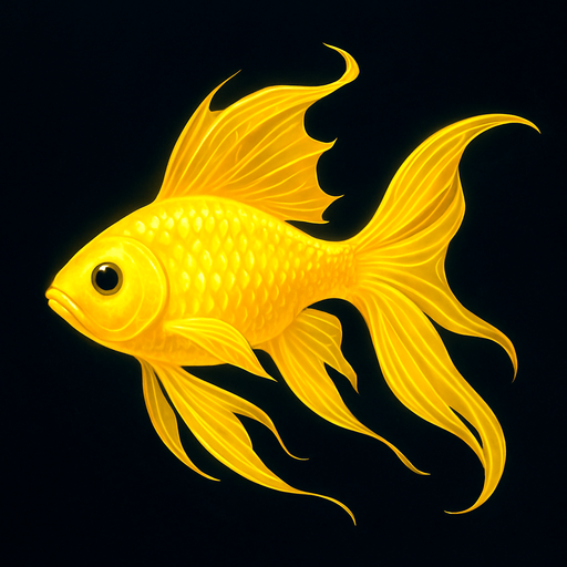 A conceptual design of a golden, yellow-colored fish with a unique, bioluminescent quality. Its body is a vibrant yellow-gold, and the scales appear to subtly glow, as if illuminated from within. Its fins are long and flowing, resembling flowing silk, giving the fish an ethereal quality. The fish's eyes are large and black, providing a stark contrast to its bright body. It's swimming in a dark, deep-blue water, creating a dramatic visual effect. The colors and the composition are rendered in a high-resolution image with a sharp focus, ensuring every detail of the fish's body and its bioluminescence is visible, creating a visually stunning and memorable artwork..
In-Game asset.  2d.  High contrast.  No shadows. fish