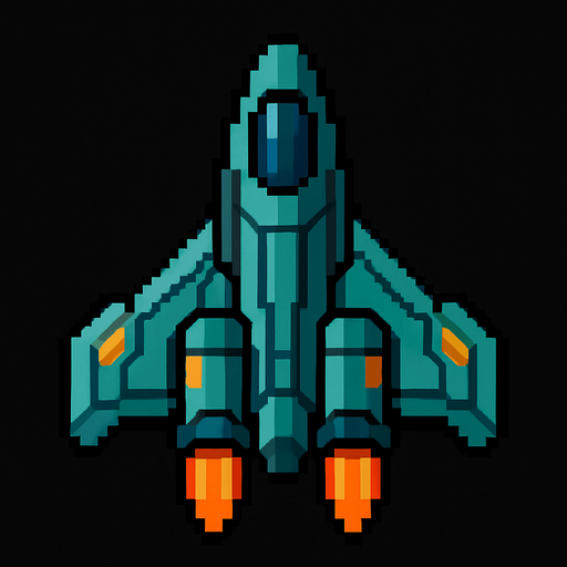 Una nave espacial futurista mirada desde arriba en pixel art.
In-Game asset.  2d.  High contrast.  No shadows