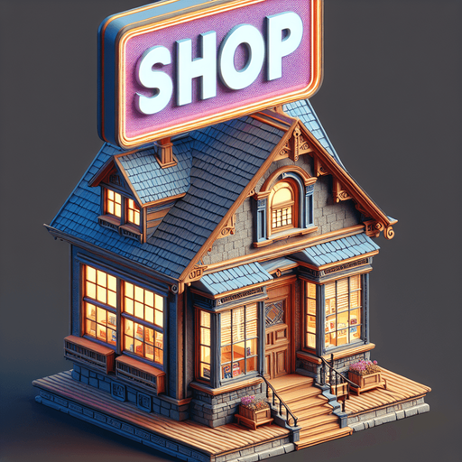 House from the front facing the screen with big sign above it have description "SHOP", Hd colors