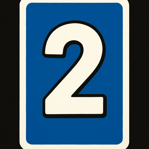Rectangular card numbered 2, with a white border around it and a blue background..
In-Game asset.  2d.  High contrast.  No shadows