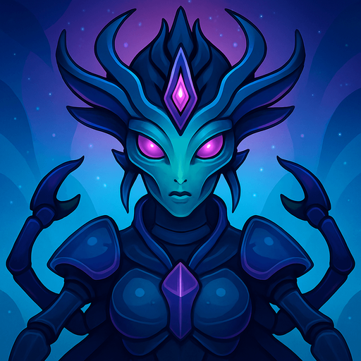 Front-facing icon, Fullscreen modern App Store art style with futuristic alien queenbug
, 16:9, high definition.  No text captions!
