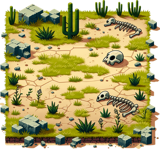 In a wasteland, there are some green plants and some animal bones around..
Single Game Texture. In-Game asset. 2d. Blank background. High contrast. No shadows.