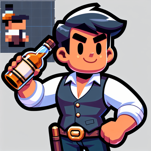 upper torso of a western cartoon barman getting ready to throw a bottle of whiskey..
Single Game Texture. In-Game asset. 2d. Blank background. High contrast. No shadows.