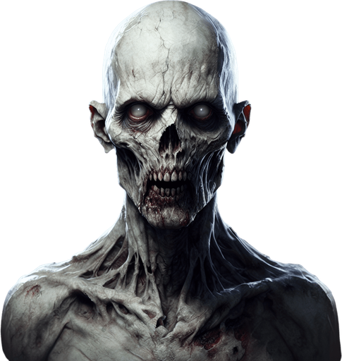 A scary zombie.
Single Game Texture.  In-Game asset.  2d.  Blank background.  High contrast.  No shadows