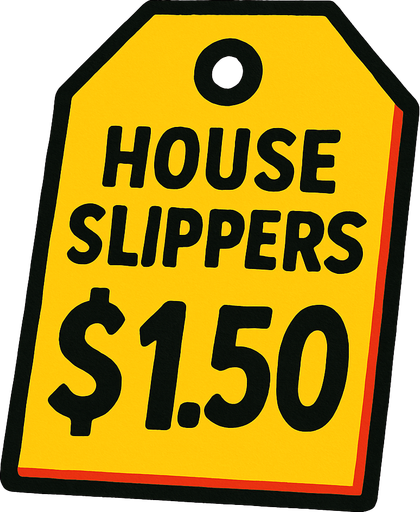 price tag that says house slippers $1.50.
In-Game asset.  2d.  High contrast.  No shadows