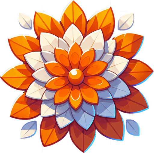 A round orange and white flower. Top down view.
Single Game Texture. In-Game asset. 2d. Blank background. High contrast. No shadows.