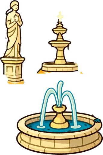 A royal medieval garden with trimmed hedges, stone fountains, blooming flowers and marble statues, birds chirping under the morning sun.
In-Game asset.  2d.  High contrast.  No shadows