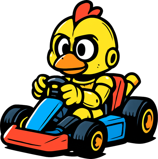 Un pollo amarillo animatronico en un kart.
In-Game asset.  2d.  High contrast.  No shadows