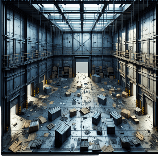 A gritty, industrial warehouse room viewed directly from above. The room has metallic walls, scattered debris, and crates across the floor. There are entrances in the middle center of each wall: top, bottom, left, and right, resembling doorways. The room fills the entire frame, with dim lighting to create an intense atmosphere..
Full-frame, top-down view of an industrial warehouse room. Metallic walls, scattered debris, and crates. Open entrances centered on each wall: top, bottom, left, and right. Dim lighting, no 3D perspective.