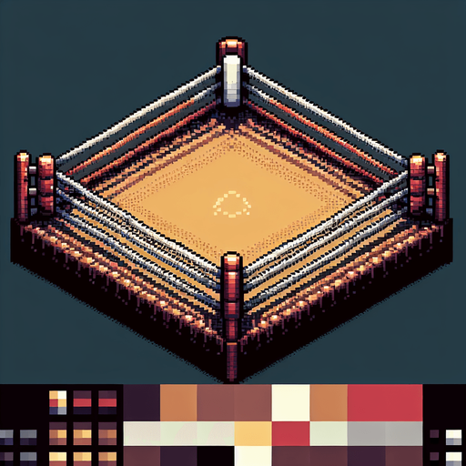 pixel art view from inside boxing ring, floor near middle of image
Single Game Texture. In-Game asset. 2d. Blank background. High contrast. No shadows.