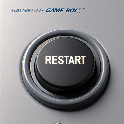 photorealistic black colored round button with restart text on grey gameboy, front view