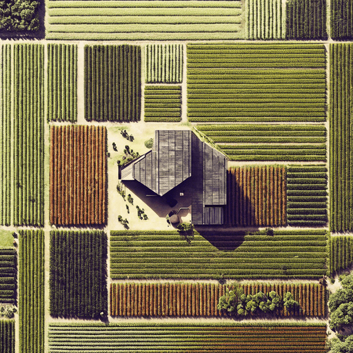 The same image, but in a lush and green setting, where grass is growing in all the fields