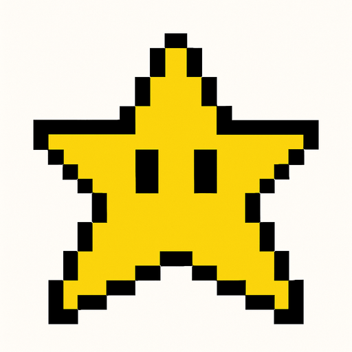 Yellow star with Black eyes style pixel art.
2d.  High contrast.  No shadows