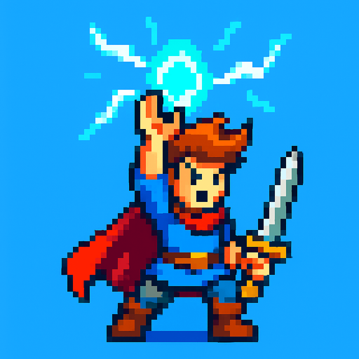 a hero, channeling, pixel art.
In-Game asset.  2d.  High contrast.  No shadows
