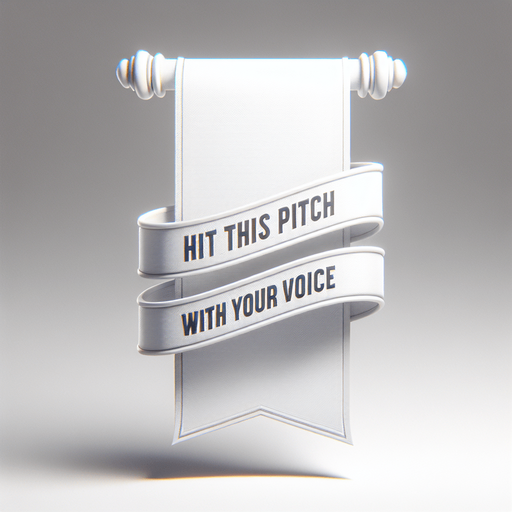 White ribbon banner with text "Hit this pitch with your voice".
Single Game Texture.  In-Game asset.  2d.  Blank background.  High contrast.  No shadows