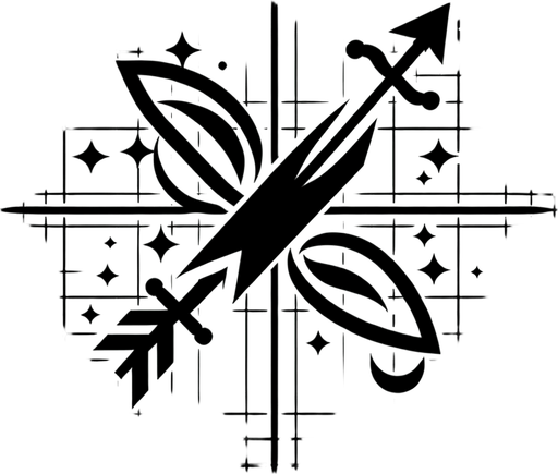 A symbol merging a sword and an arrow/bow, perhaps crossing each other with energy flowing between them..
Single Game Texture.  In-Game asset.  2d.  Blank background.  High contrast.  No shadows