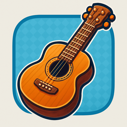 A bold, game-style illustration of an acoustic guitar with a wooden body, visible strings, and a detailed sound hole. Slight 3D shading and a clean, vector outline. Friendly, colorful look with transparent rounded background, optimized for mobile games..
In-Game asset.  2d.  High contrast.  No shadows