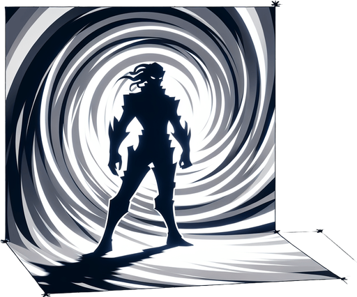 A figure fully merged with swirling, dynamic shadows, looking menacing..
Single Game Texture.  In-Game asset.  2d.  Blank background.  High contrast.  No shadows
