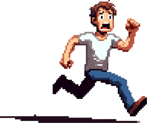 Pixel art,  Frightened adult running away scared..
Single Game Texture. In-Game asset. 2d. Blank background. High contrast. No shadows.