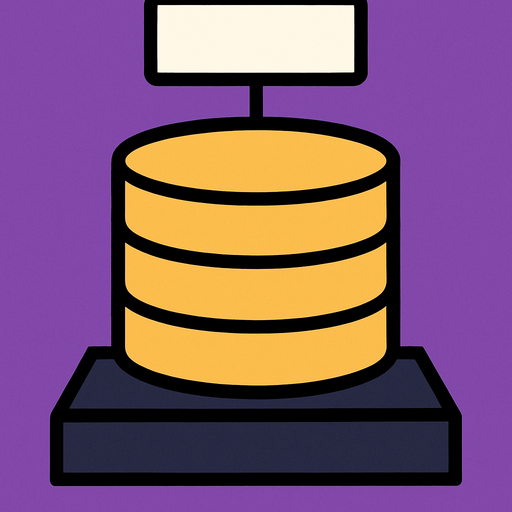 DataBase, looks like a regular DB, circels one on each other, but with a  thick heavy base under it that it stands on it. The base is a simple rectangle, and above the DB there is an empty sign.
The whole picture is in ratio of 400 on 600.
In-Game asset.  2d.  High contrast.  No shadows
