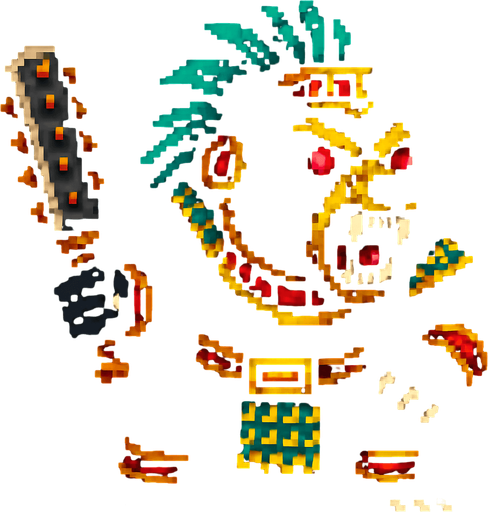 Genérame una Oso de Anteojos guerrero azteca con eso patrones, estilo pixelar, con una apariencia maligna, ojos rojos, rabioso. Unidad cuerpo a cuerpo.
In-Game asset.  2d.  High contrast.  No shadows