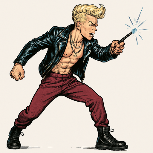 Cyberpunk manga man blonde undercut pompadour shiny black leather biker jacket longsleeves shirtless thin abs pecs necklaces gemstone tipped wand side profile view, action shot wand pointed straight in front arm extended wand casting spell feet planted, standing upright fierce fashion pose animation blonde undercut pompadour, vampire fangs, wine red joggers, combat boots, Background removed, "Full-body character, entirely in frame, no cropping of face, head, or feet" "Complete character visible, from head to toe, fully centered in the image" "Entire character, including face and shoes, fully within the frame" Character fully contained within a square frame, no edges cut off,