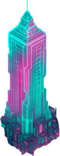 Massive futuristic neon hologram skyscraper top down isometric poking out of clouds from above elaborate cyberpunk architecture glowing pink green projection hologram 3d
