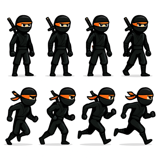 pack of frames of standing & running animation of full body of a ninja character, black color outfit, eyes bondage orange, have sword behind it. HD colors.
In-Game asset.  2d.  High contrast.  No shadows