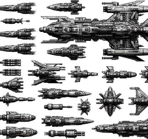 an enemy spaceship equipped with weapons.
Single Game Texture.  In-Game asset.  2d.  Blank background.  High contrast.  No shadows