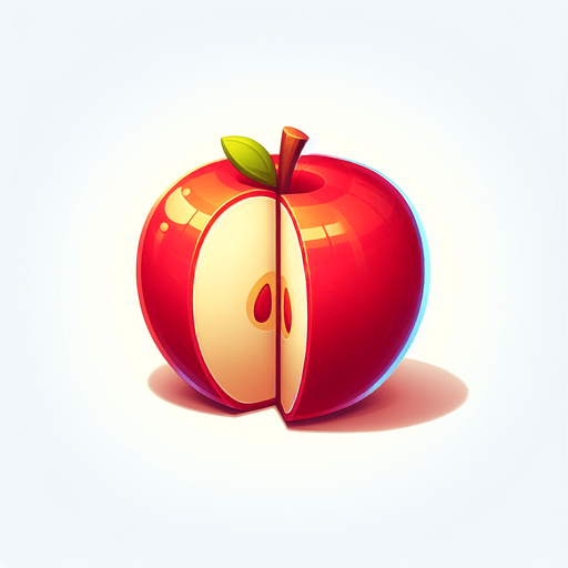 apple fruit is cut into two halves with a slight separation to match the style of Fruit Ninja.
Single Game Texture.  In-Game asset.  2d.  Blank background.  High contrast.  No shadows